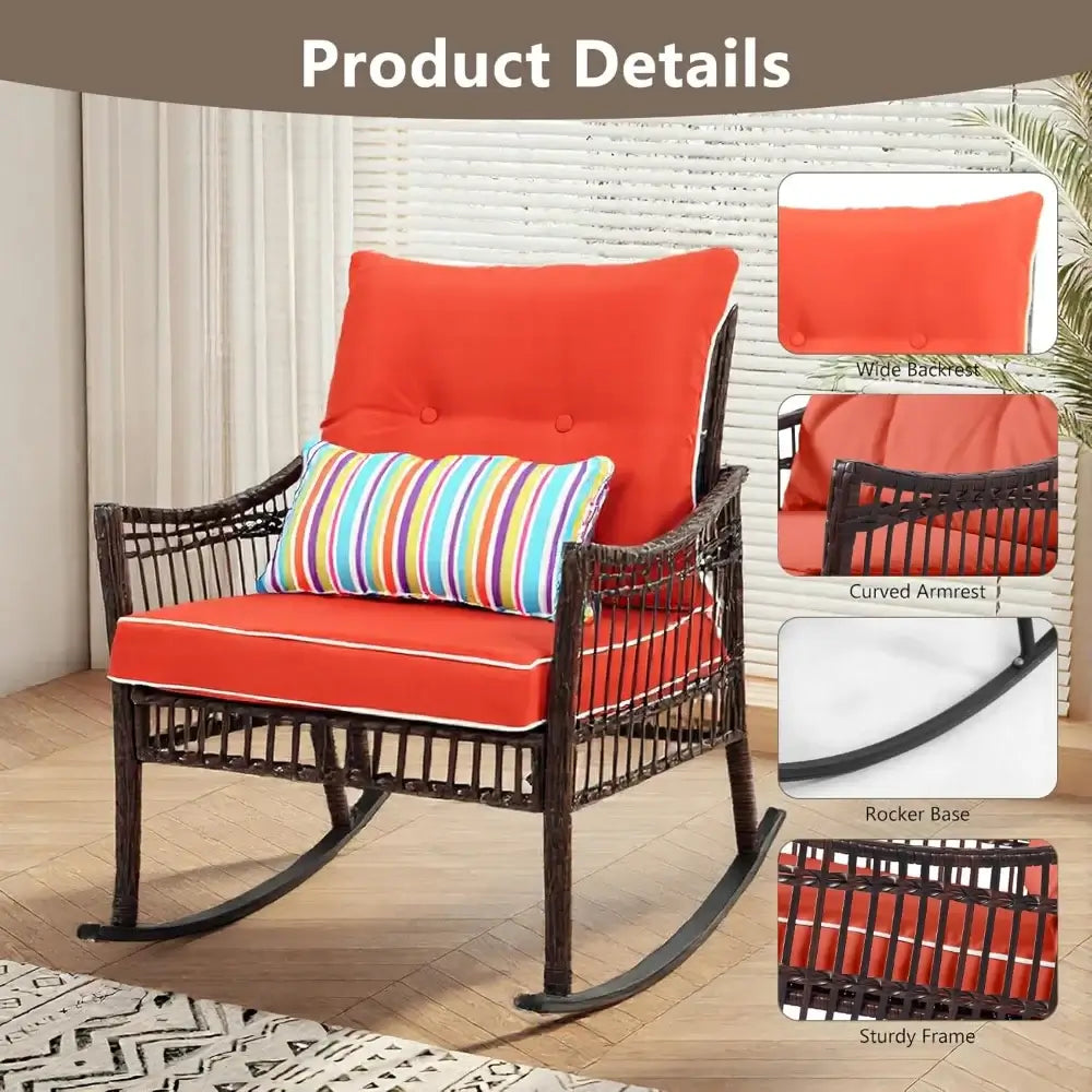 Detailed view of rattan rocking chair with red cushion, highlighting wide backrest, curved armrest, and sturdy rocker base.