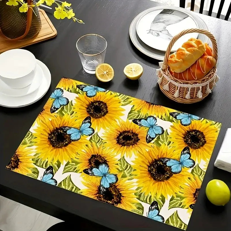 Sunflower and blue butterfly printed placemat from 2pcs Linen Placemats Set, perfect for brightening up summer dining spaces.