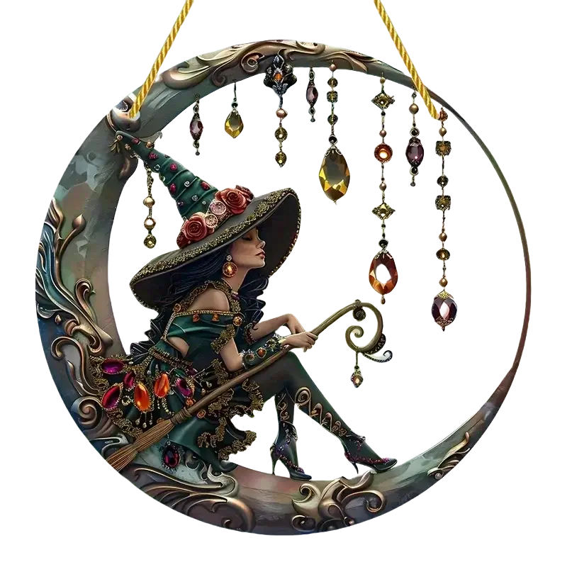 Witch Acrylic Window Decoration with a witch on a crescent moon and hanging crystals, perfect for spooky Halloween decor.