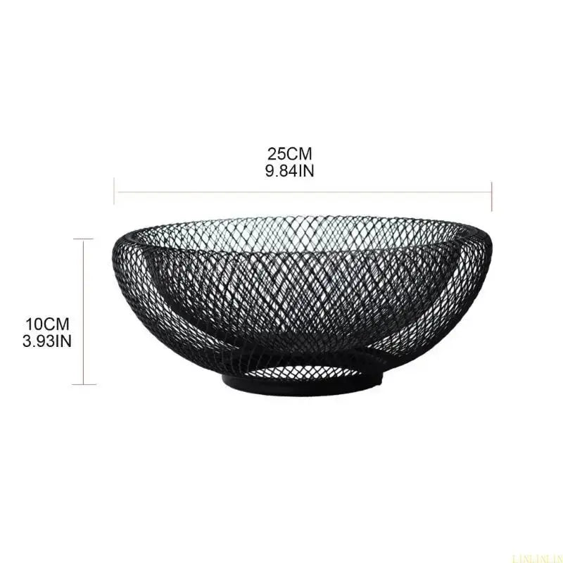 Black metal fruit bowl with dimensions 25cm x 10cm, featuring a durable mesh design for large capacity fruit storage.