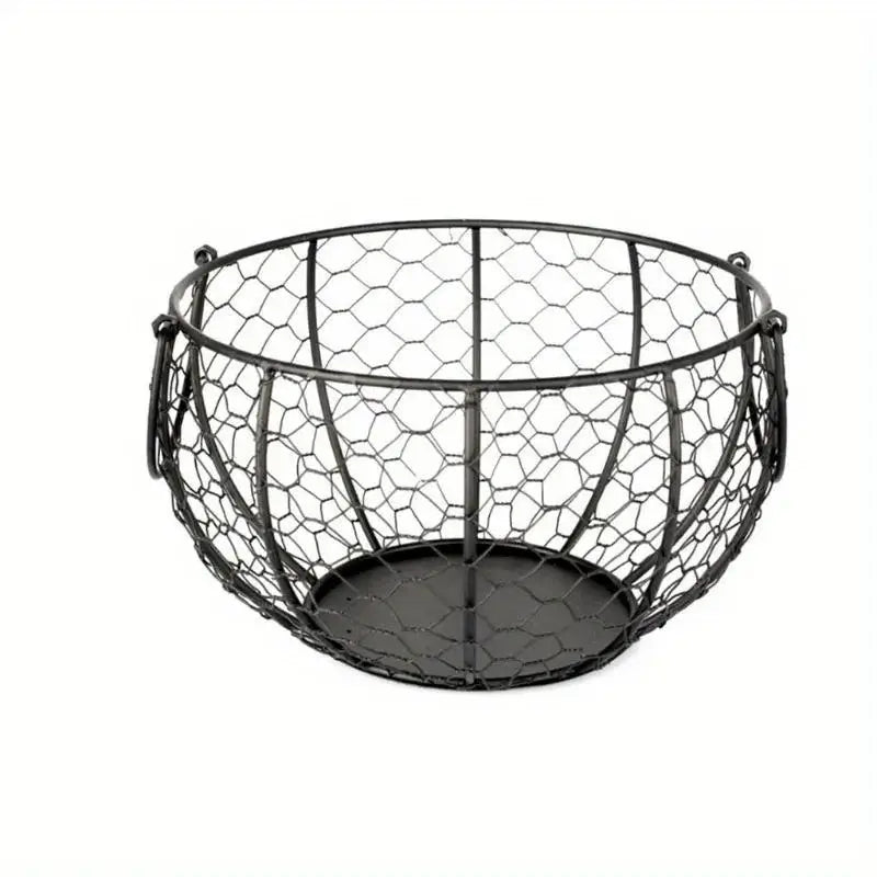 Empty metal wire egg basket with iron mesh and sturdy round base. Ideal for kitchen egg storage and countertop organization.
