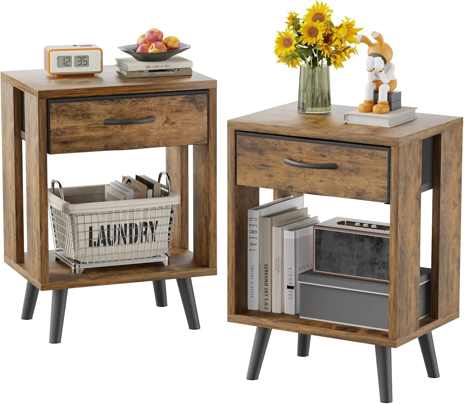 Rustic nightstand set of 2 with fabric drawers and open shelves, ideal for bedroom storage and decor. Features wood finish and black angled legs.