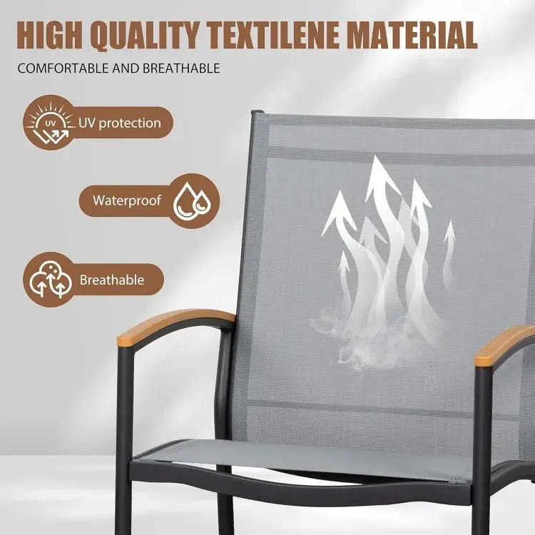 Close-up of breathable, waterproof, and UV-protected textilene fabric used in the 3 Piece Outdoor Rocking Bistro Set chairs.