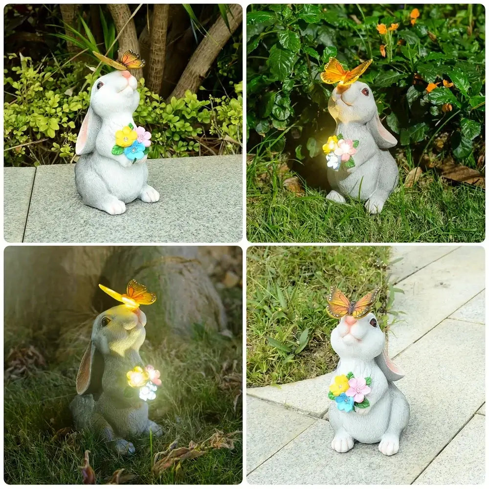 Solar Bunny Statue Decor glowing at night in various garden settings. LED lighted resin sculpture for lawn or walkway decoration.