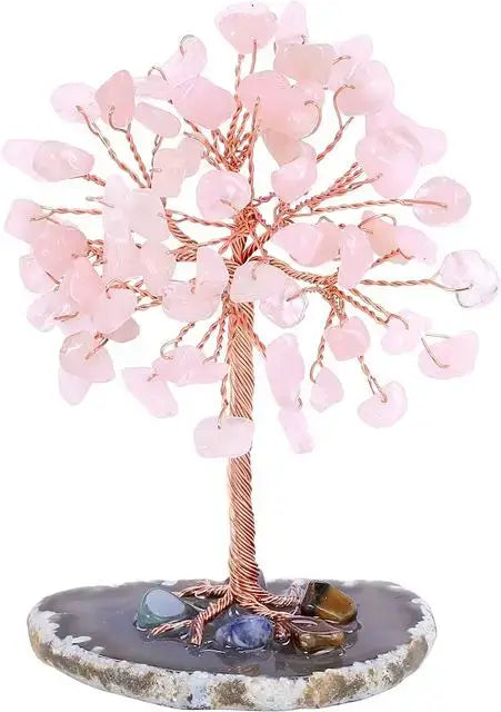 Rose quartz crystal money tree with copper wire and agate base. Promotes love and harmony in home and garden decor.