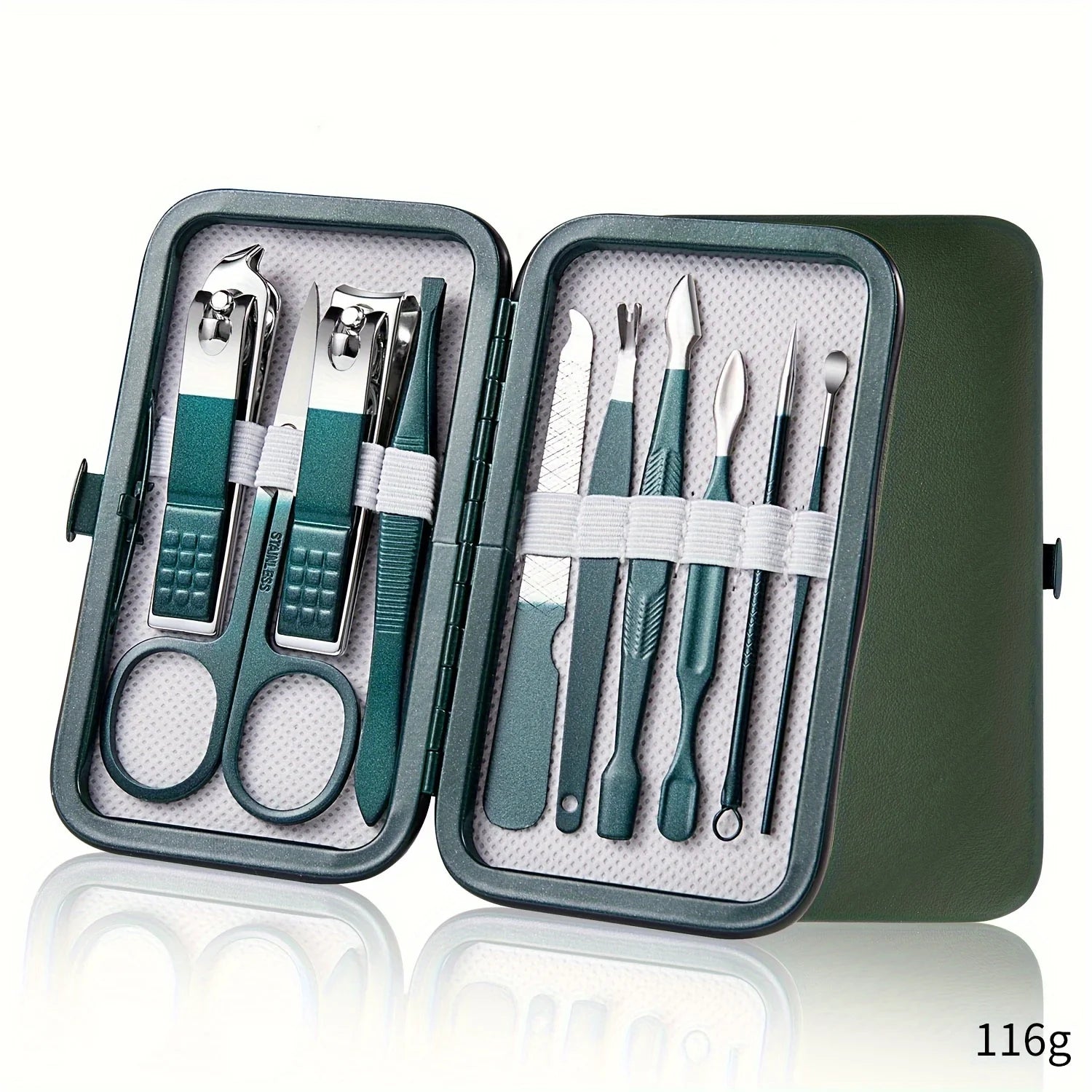 10-piece Nail Care Kit Stainless Steel - Portable Set in green case, labeled 116g. Includes nail clippers, scissors, tweezers, and pushers.