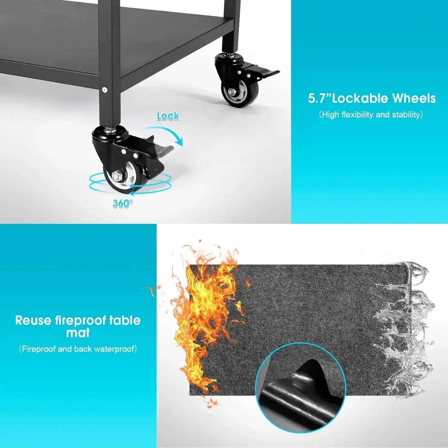 Close-up of lockable 5.7-inch wheels and fireproof, waterproof grill mat on outdoor grill table, ensuring safety and mobility.