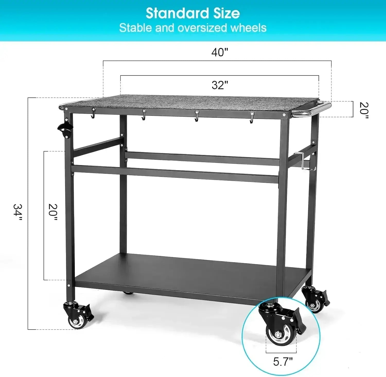 Standard size outdoor grill table with 40-inch width, 34-inch height, and 5.7-inch wheels, designed for stability and outdoor cooking efficiency.