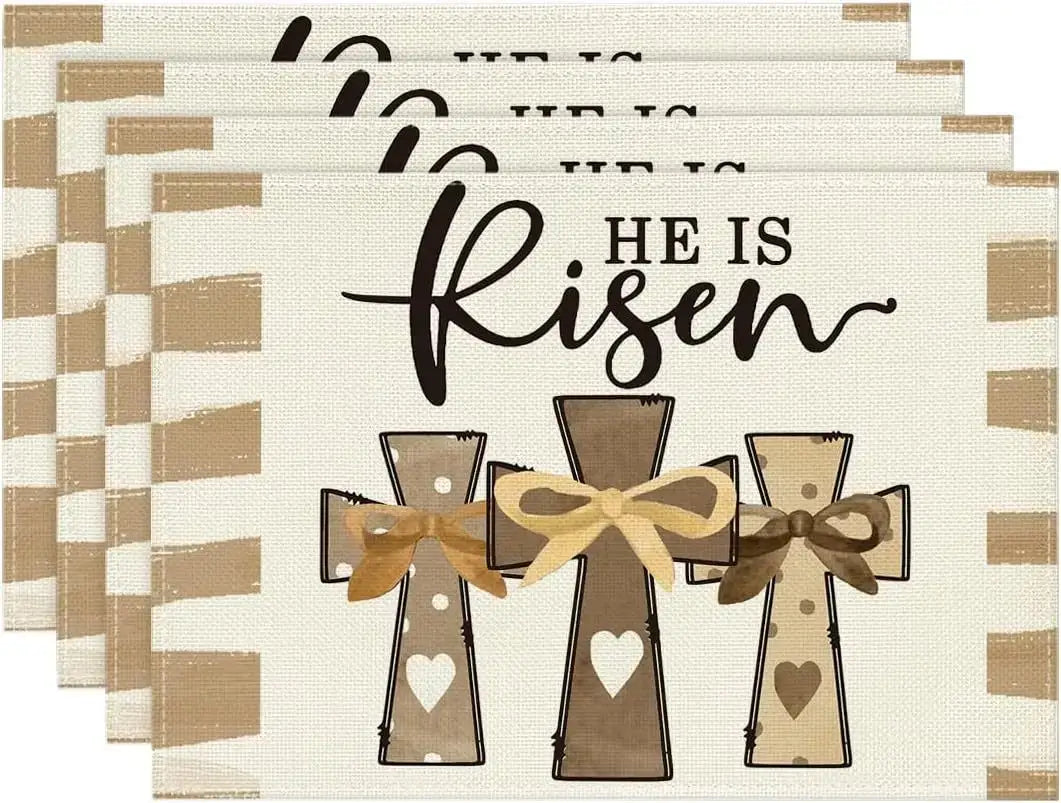 Religious Easter placemats with three crosses, bows, and 'He is Risen' text. Great for faith-based spring gatherings.
