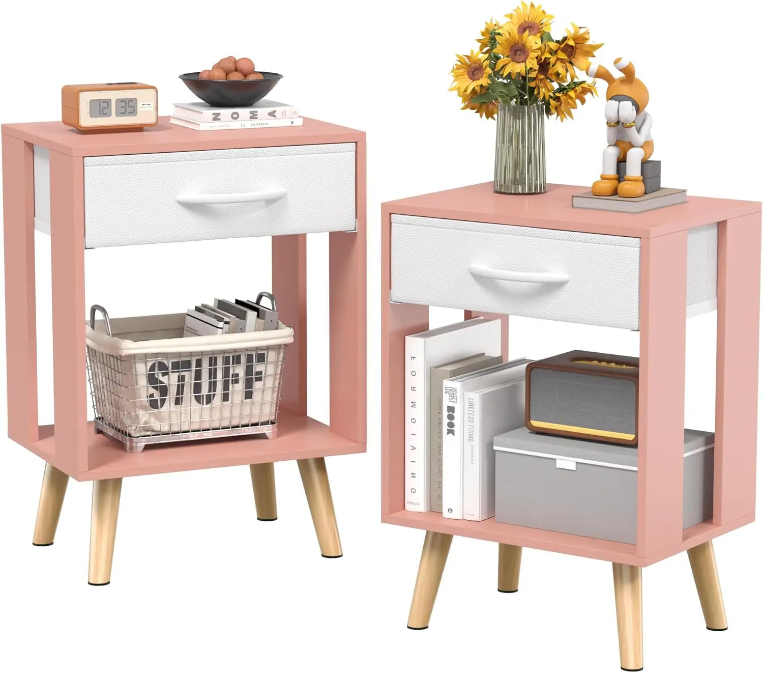 Pink nightstand set of 2 with white fabric drawers and open shelves. Modern design perfect for kids' or teens' bedrooms.