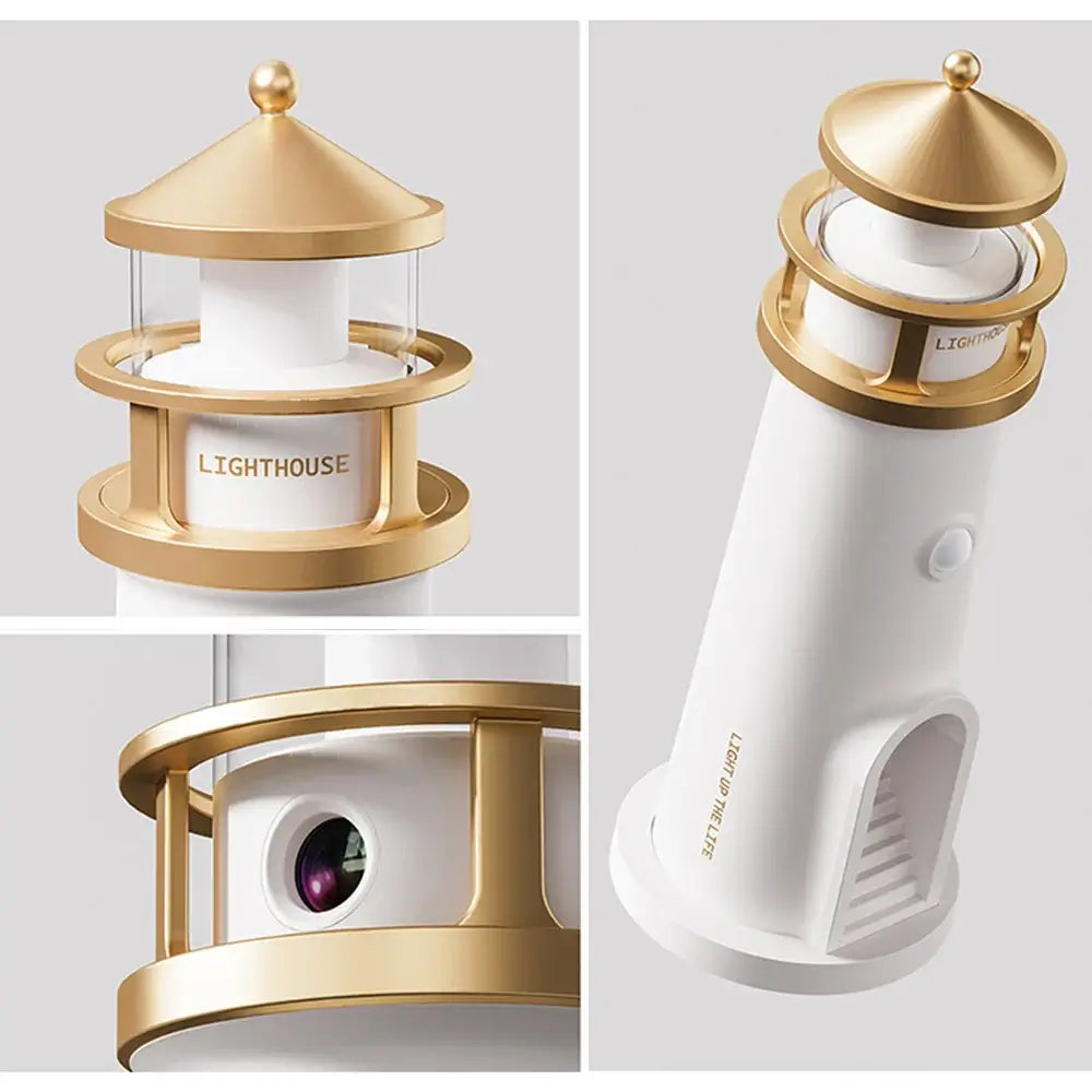 Close-up of Lighthouse Ambient Light showing moon projector lens, gold detailing, and premium build for stylish home lighting.