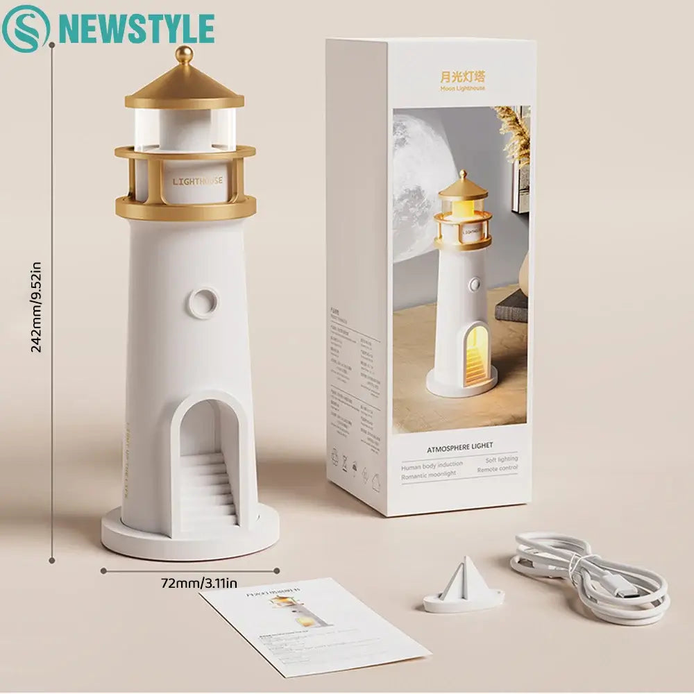 Lighthouse Ambient Lights with Bluetooth moon projection, dimmable LED, motion sensor, and music player. Includes USB cable and remote control.