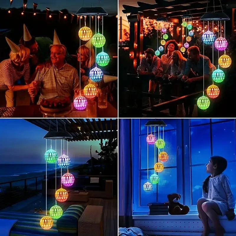 Family and children enjoying the Morocco Ball Solar Wind Chime Light at night, creating a festive and cozy outdoor atmosphere.