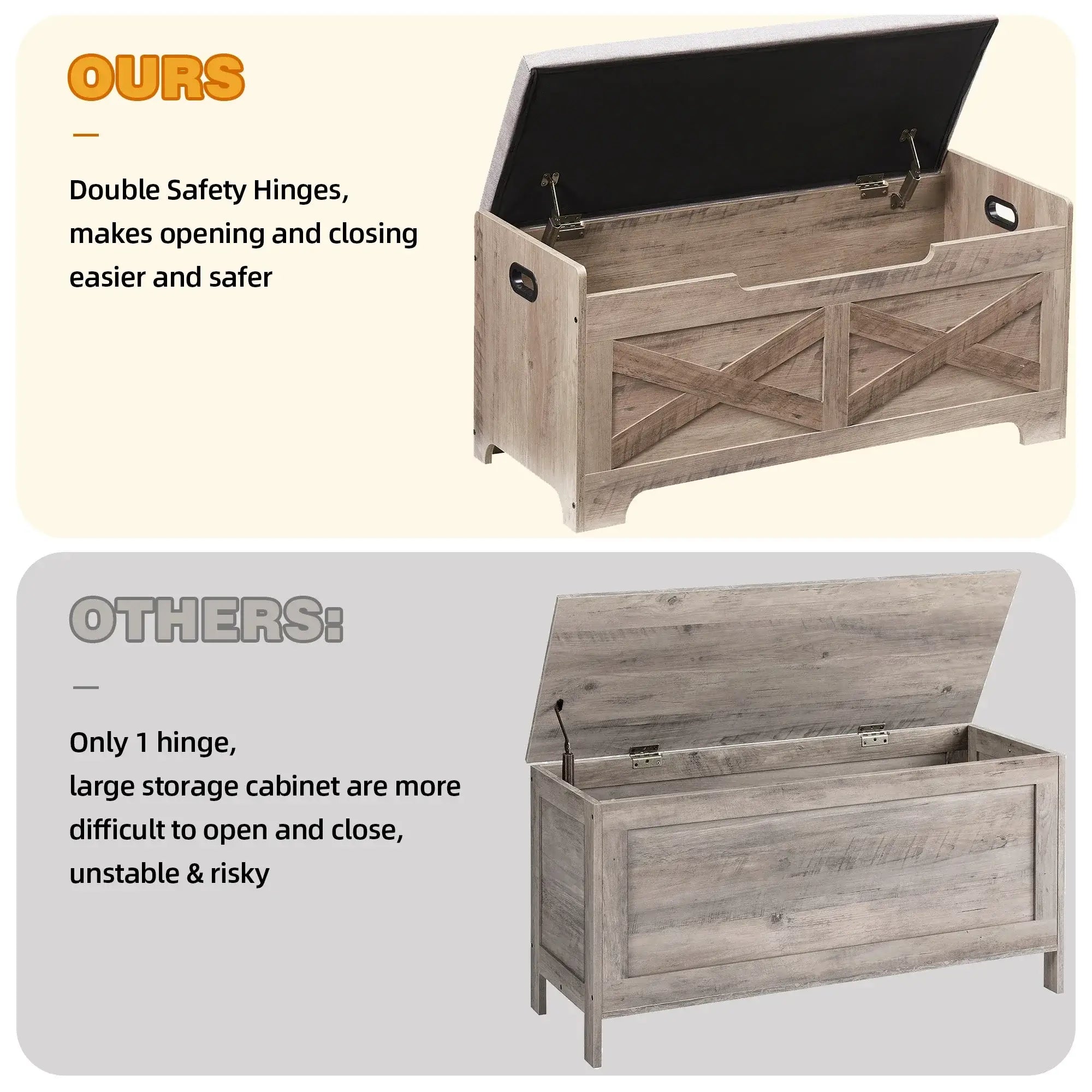 Comparison of storage benches showing double safety hinges for safer, more stable opening on featured storage bench chest.