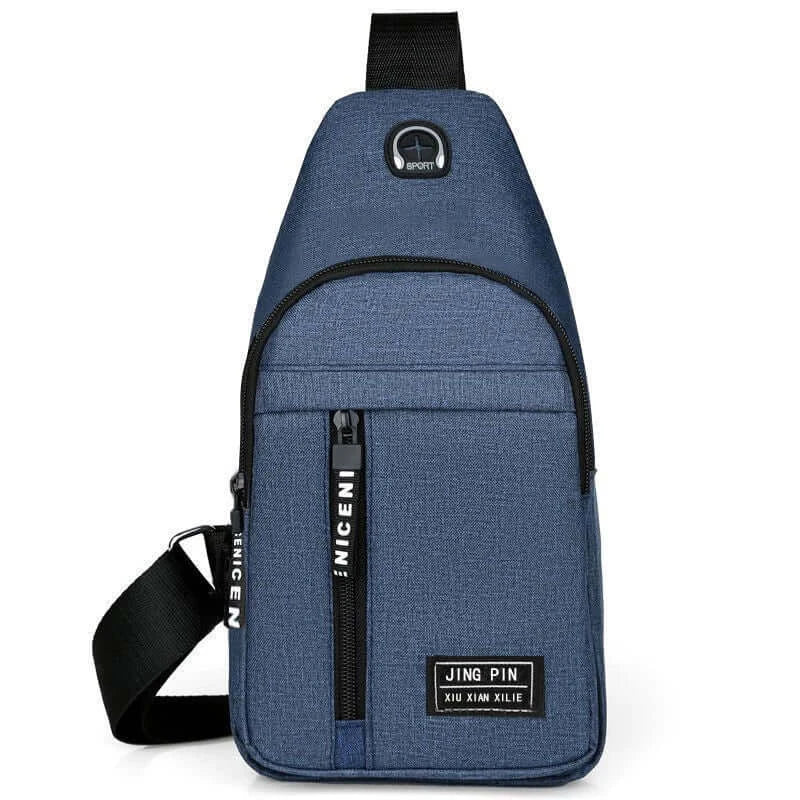 Blue multifunctional crossbody shoulder bag with front branding and headphone port, offering a trendy and organized solution for essentials.