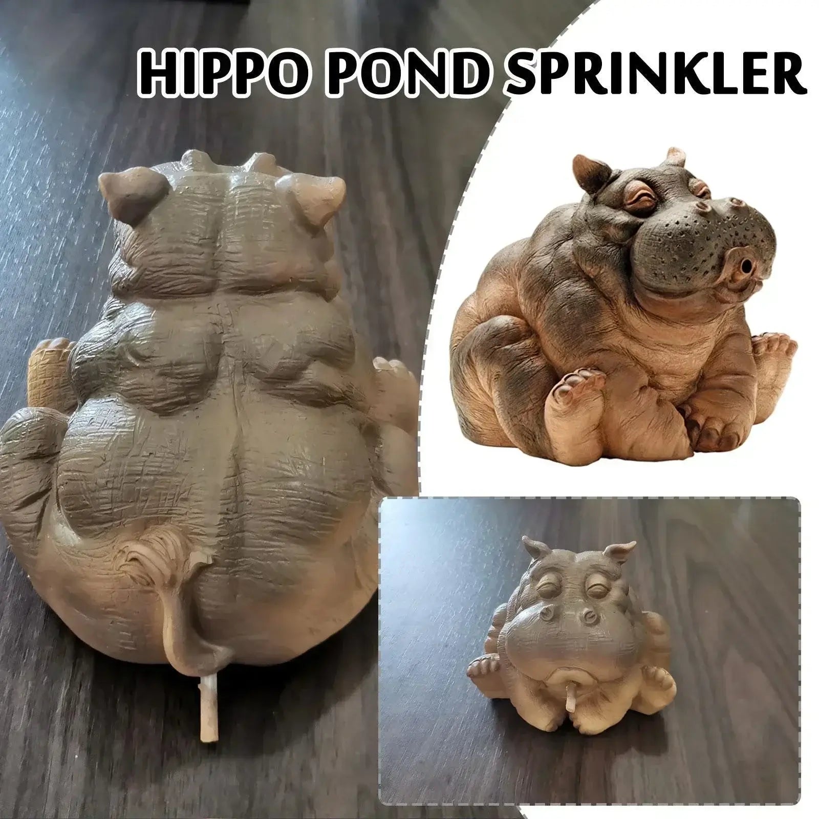 Back and front views of the Pond Spitter Statue Outdoor Sprinkler in hippo design. Durable resin construction for outdoor garden use.
