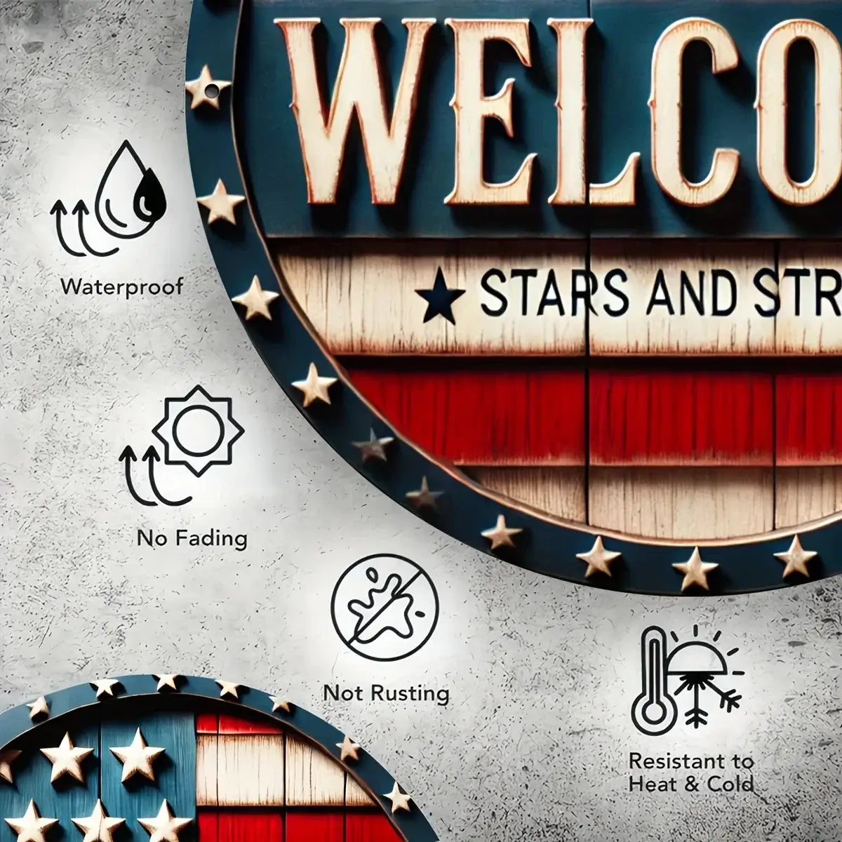 Patriotic Round Metal Welcome Wreath Sign