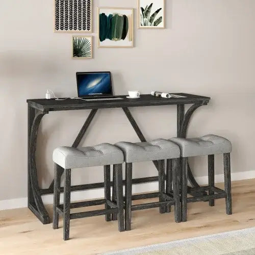 Space-saving Bar Table and Chairs Set with tufted gray stools and sturdy industrial-style frame, great for modern kitchens or apartments.