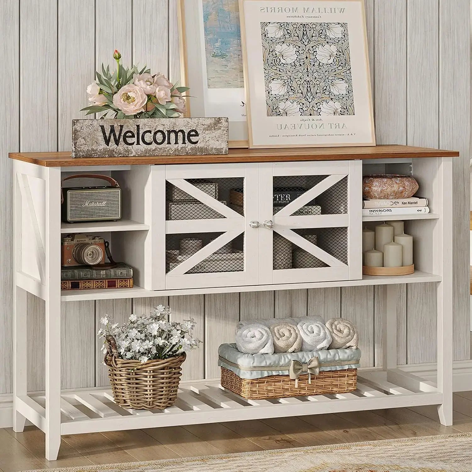 Entryway Table with 2 Screen Doors & 5 Open Storage Shelves