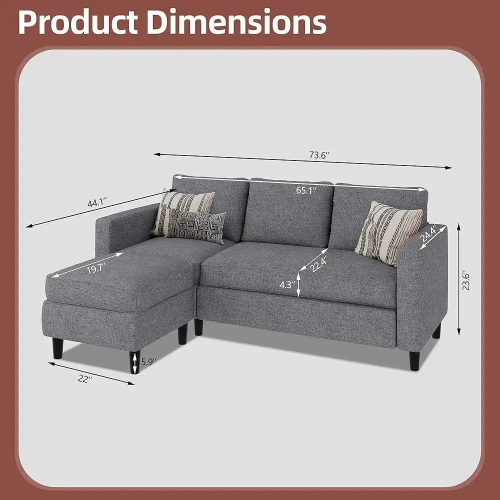 Sectional L-Shaped Sofa Couch with Ottoman - detailed product dimensions for space-saving furniture with high-resilience foam cushions.