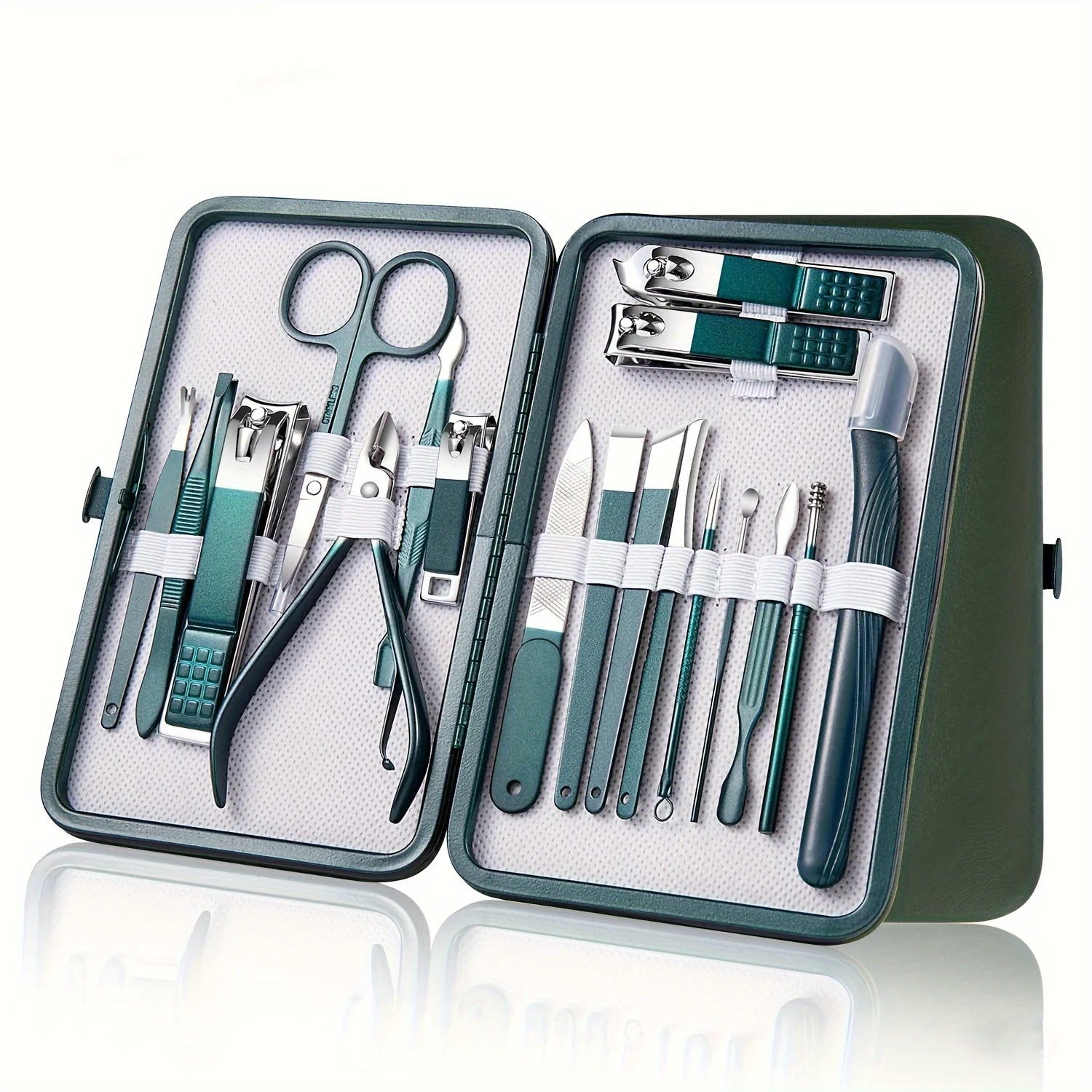 Full 18-piece Nail Care Kit Stainless Steel - Portable Set open in green case. Features durable tools for complete nail care and grooming.