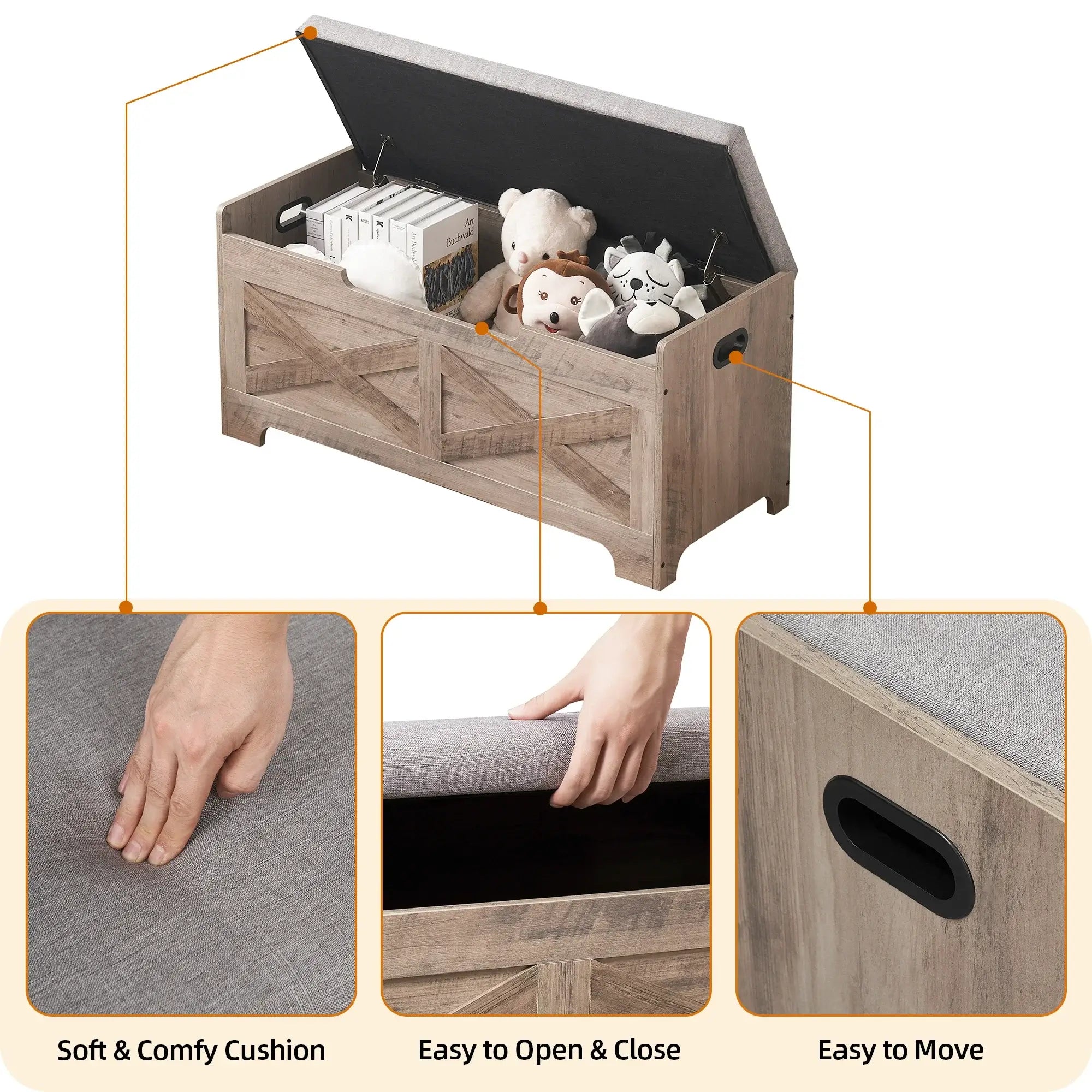 Storage bench with soft cushion, easy-lift top, and side handles for mobility, perfect for organizing toys, books, or clothes.