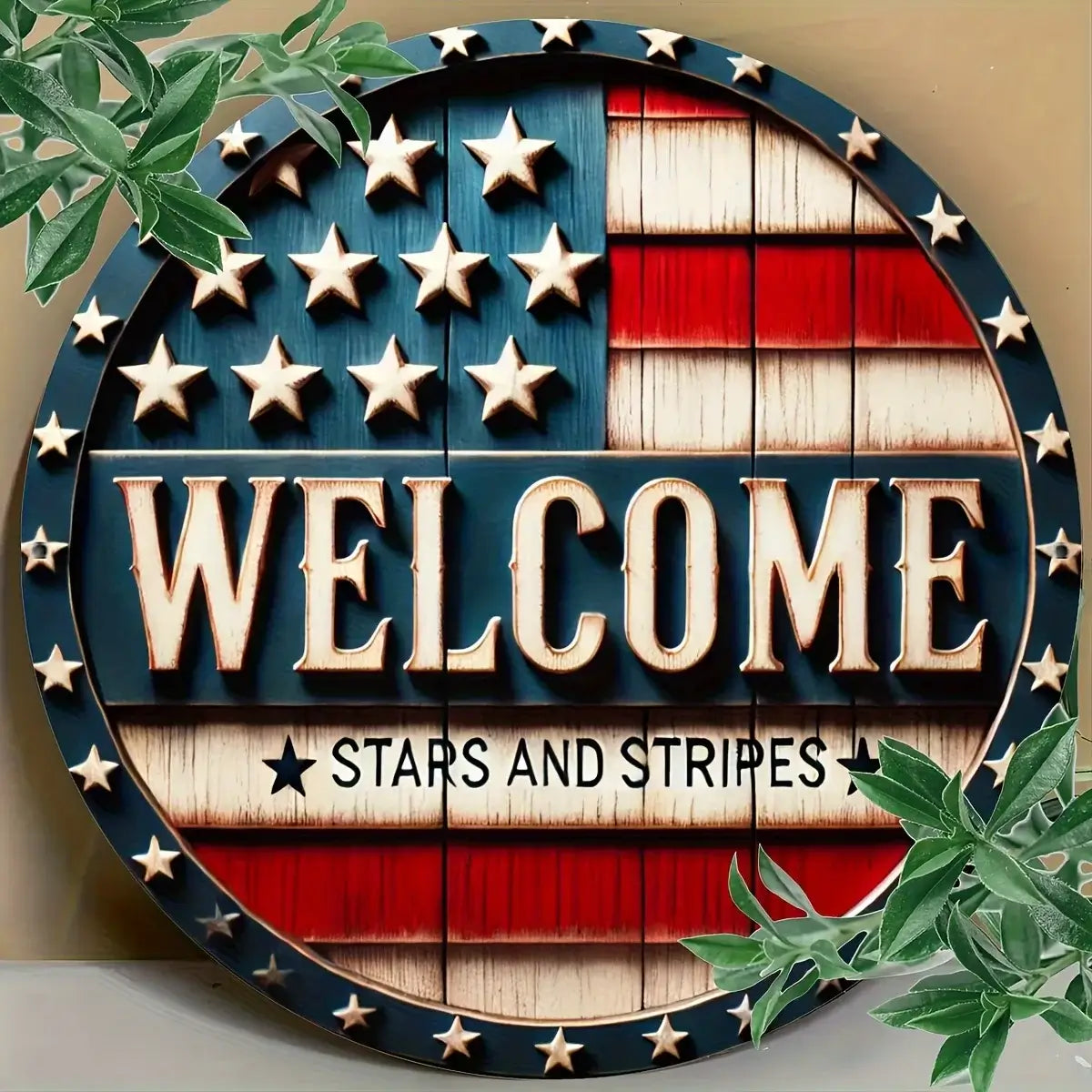 Patriotic Round Metal Welcome Wreath Sign