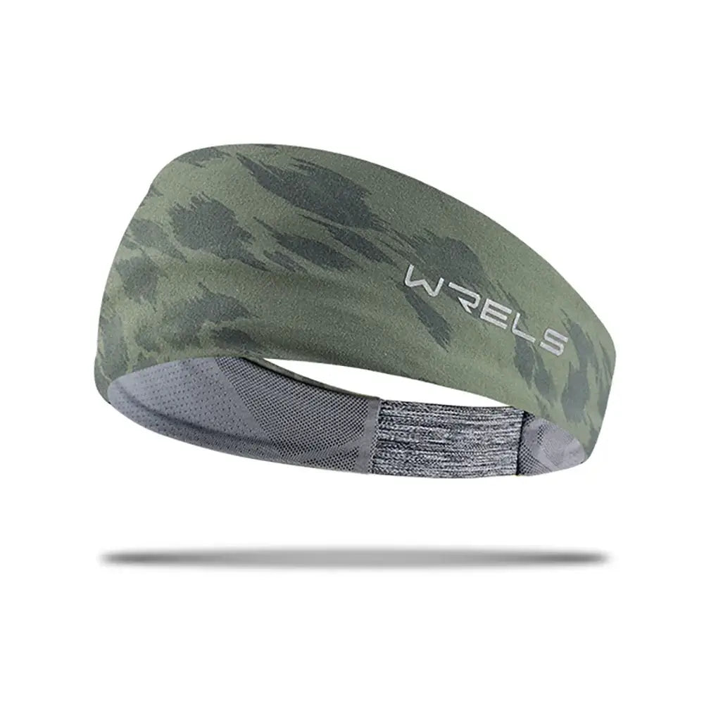 Green camo Running Sweat Absorbing Hair Band with breathable mesh interior and non-slip design.