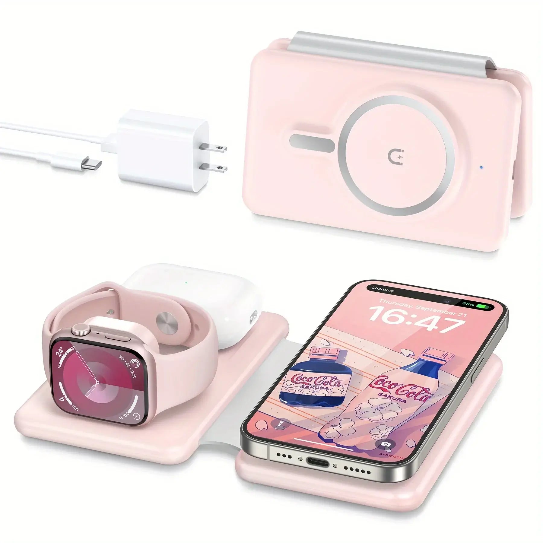 3-in-1 Cell Phone Wireless Charger in pink charges iPhone, Apple Watch, and AirPods simultaneously with Apple MagSafe compatibility.