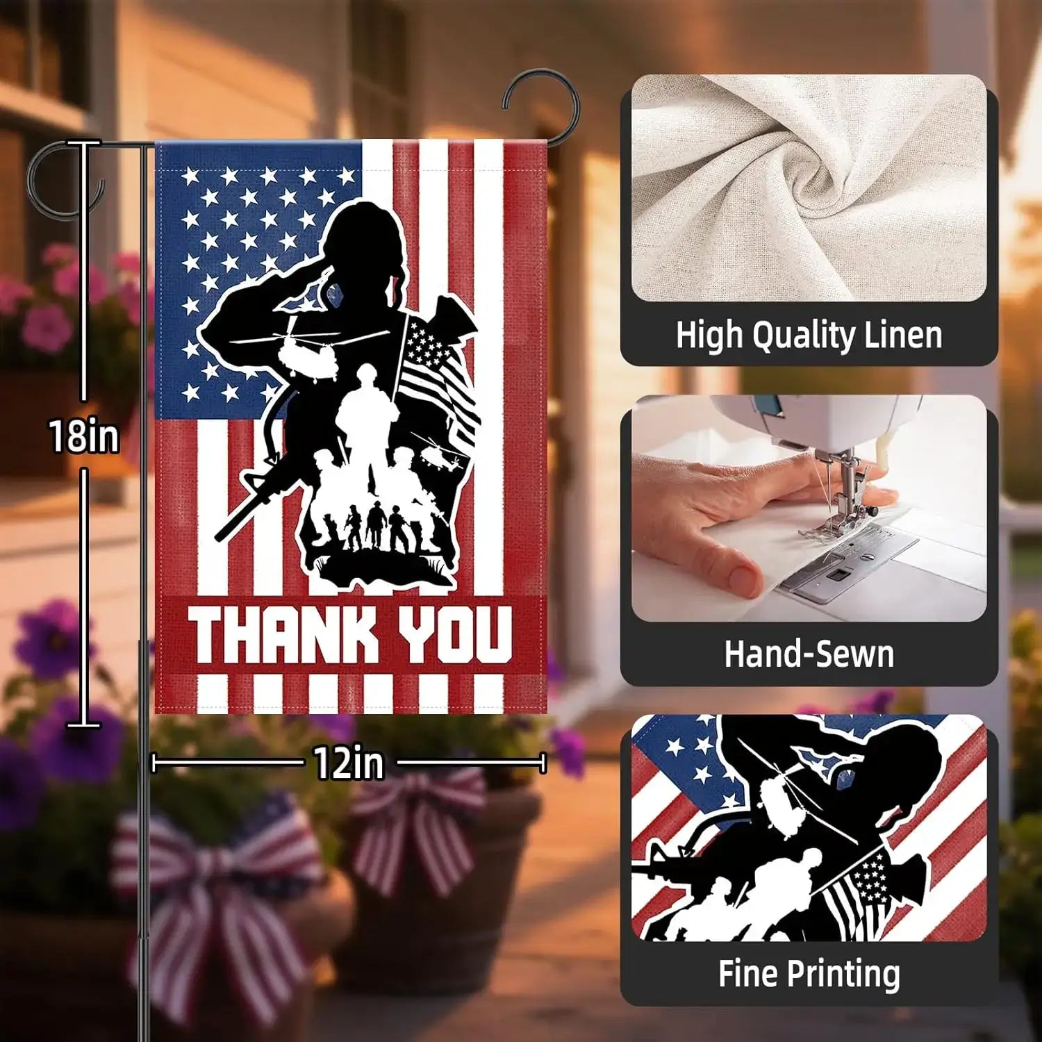 Memorial Day Patriotic Garden Flag 12x18 shown with high-quality linen, hand-sewn edges, and fine printing for outdoor durability and vivid design.