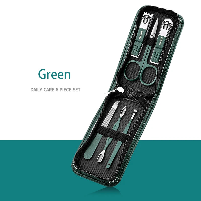 Green 6-piece Nail Care Kit Stainless Steel - Portable Set labeled Daily Care. Compact grooming tools in a zippered travel pouch.