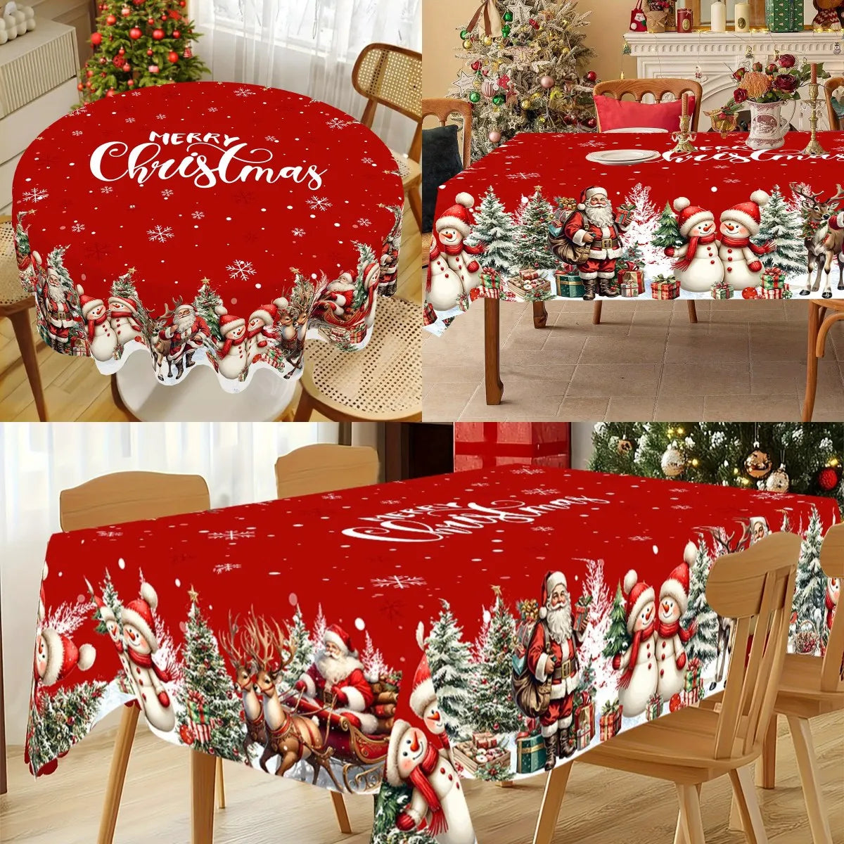 A Christmas Santa Claus tablecloth adds a festive touch to any holiday gathering, featuring cheerful designs of Santa, reindeer, and snowy scenes. 