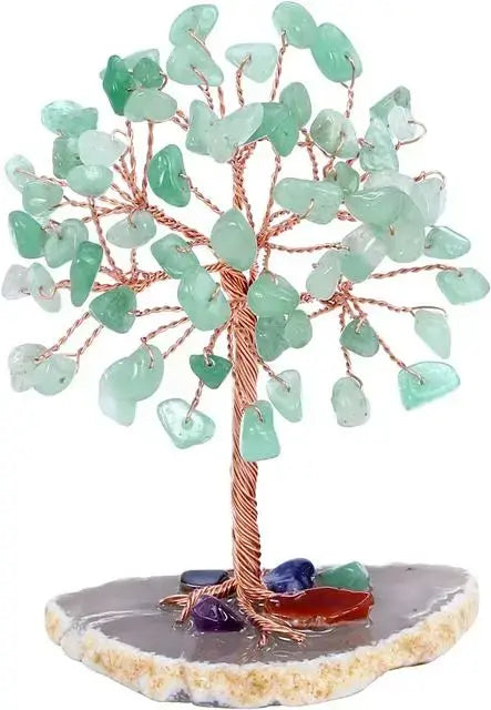 Green aventurine crystal money tree with copper wire branches on a natural agate base. Symbolizes luck and prosperity in decor.