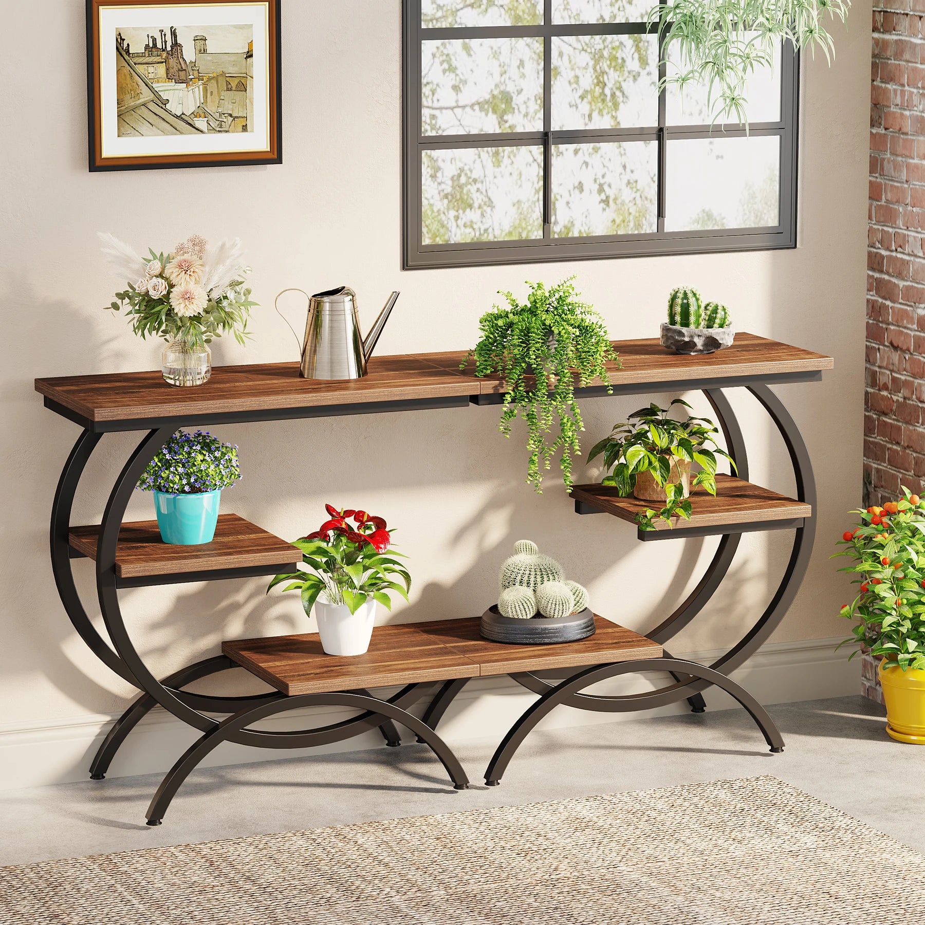 Extended version of industrial 3-tier couch table used as a plant stand, showcasing multiple potted plants in a sunlit room.