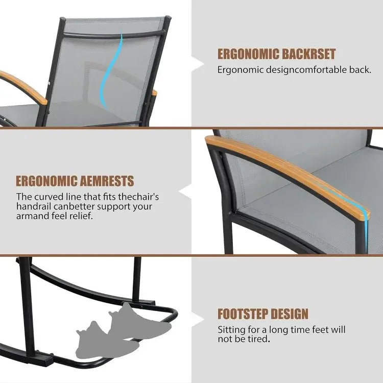 Ergonomic features of the Outdoor Rocking Bistro Set including curved armrests, supportive backrest, and footstep design for comfort.