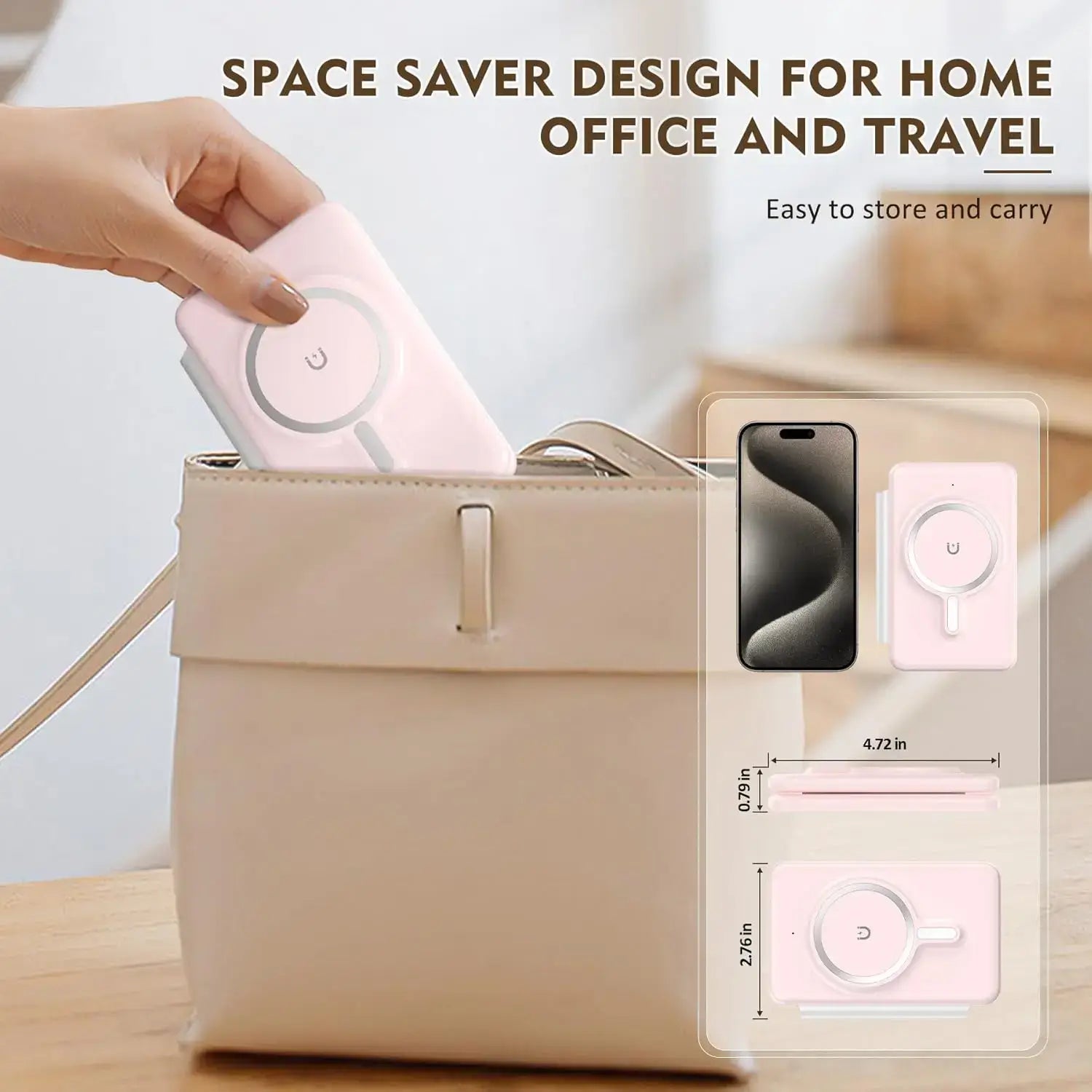 Compact foldable pink 3-in-1 Cell Phone Wireless Charger fits easily into a handbag, ideal for travel and office use.