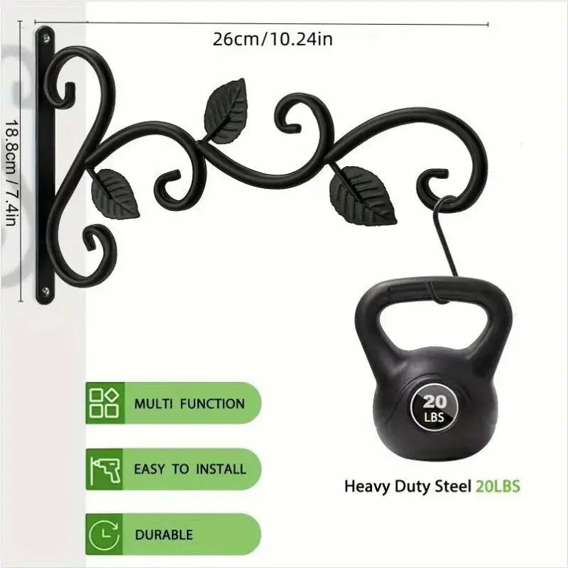 Rustic iron wall bracket with leaf design holding 20 lb kettlebell, showcasing heavy-duty steel and easy installation features.