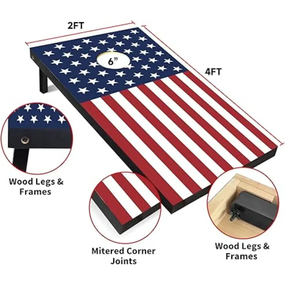 Wood Cornhole Board Set with 2x4 ft dimensions, 6-inch hole, mitered corners, and sturdy wood legs. Durable and regulation size.