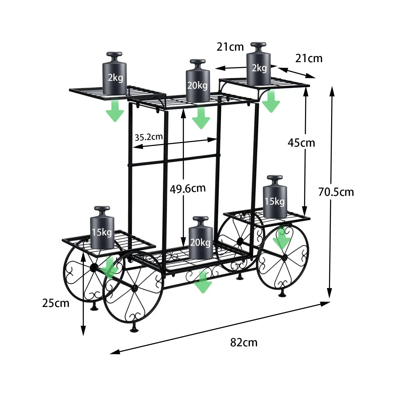 6-Tier Metal Garden Cart with dimensions and weight capacity, perfect for organizing gardening supplies and plants.