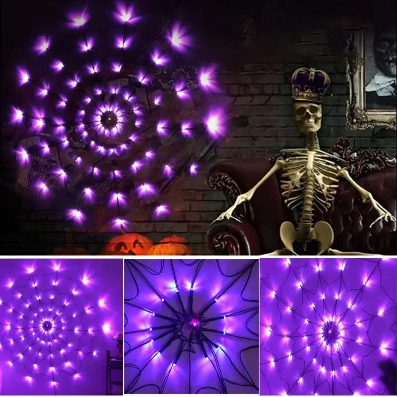 Indoor Halloween Ghost LED Light String in spider web shape with purple LEDs, enhancing spooky ambiance with skeleton and pumpkins.