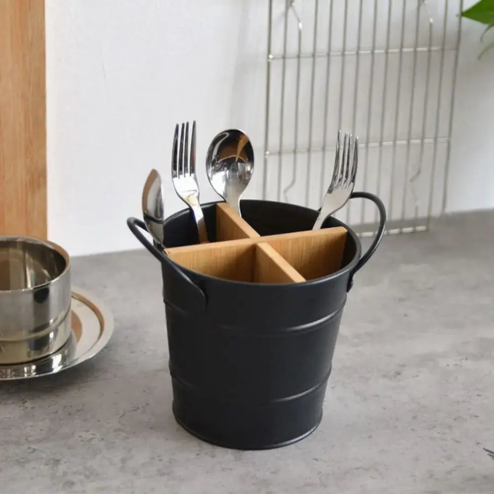 Bamboo Cutlery Organizer - Divider & Metal Holder in black with utensils, ideal for neat kitchen storage on countertops or dining tables.