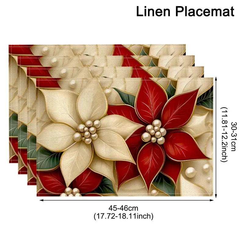 Red and white poinsettia Linen Christmas Placemats with pearl accents. Elegant holiday style in durable linen fabric for seasonal tables.