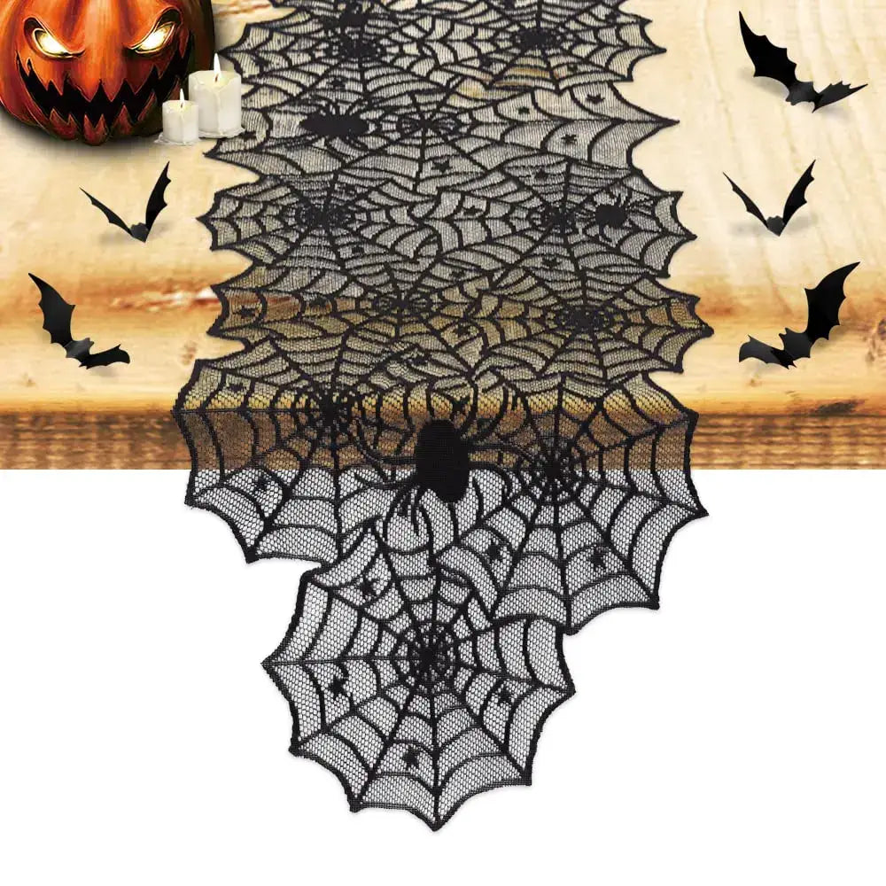 Spider Web Lace Table Runner with gothic black lace and bat accents, perfect for Halloween table decor in Home & Garden table linens.