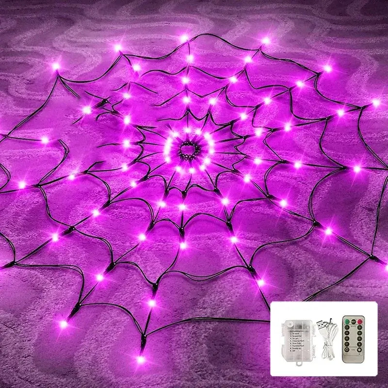 Warm yellow Halloween Ghost LED Light String in spider web shape with remote control, perfect for cozy seasonal lighting.