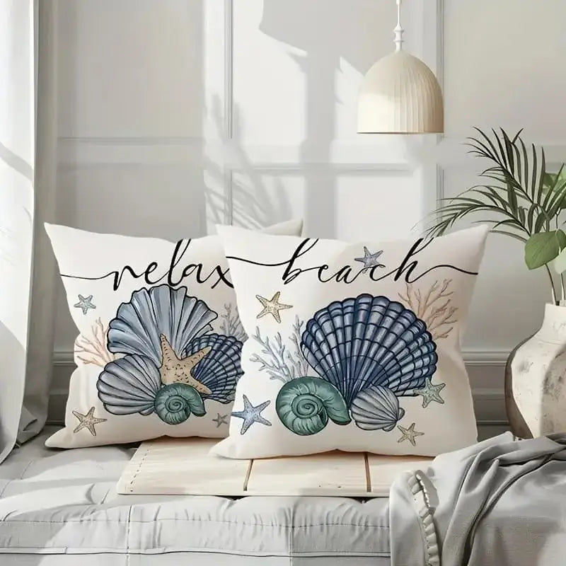 Nautical Ocean Home Decor Pillowcases featuring 'relax' and 'beach' text with seashells. Soft cushion covers for coastal home decoration.