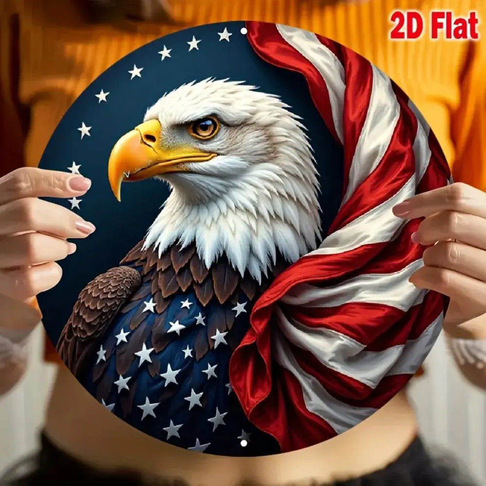 Vintage Eagle Wall Art - Aluminum 2D Sign featuring a bald eagle with American flag design, held in hands for size reference.
