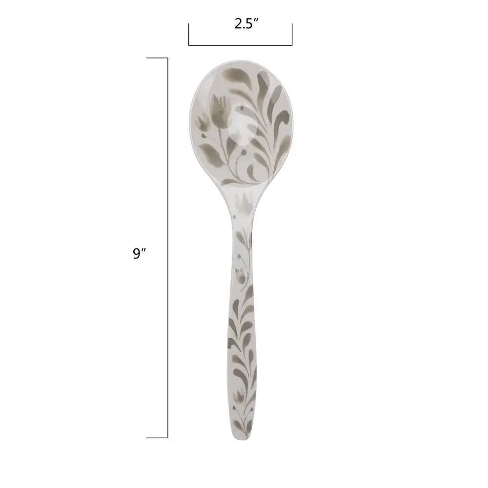 Matching floral melamine salad spoon, 9 inches long and 2.5 inches wide, included in the Bamboo Melamine Salad Bowl 4 Piece Set.