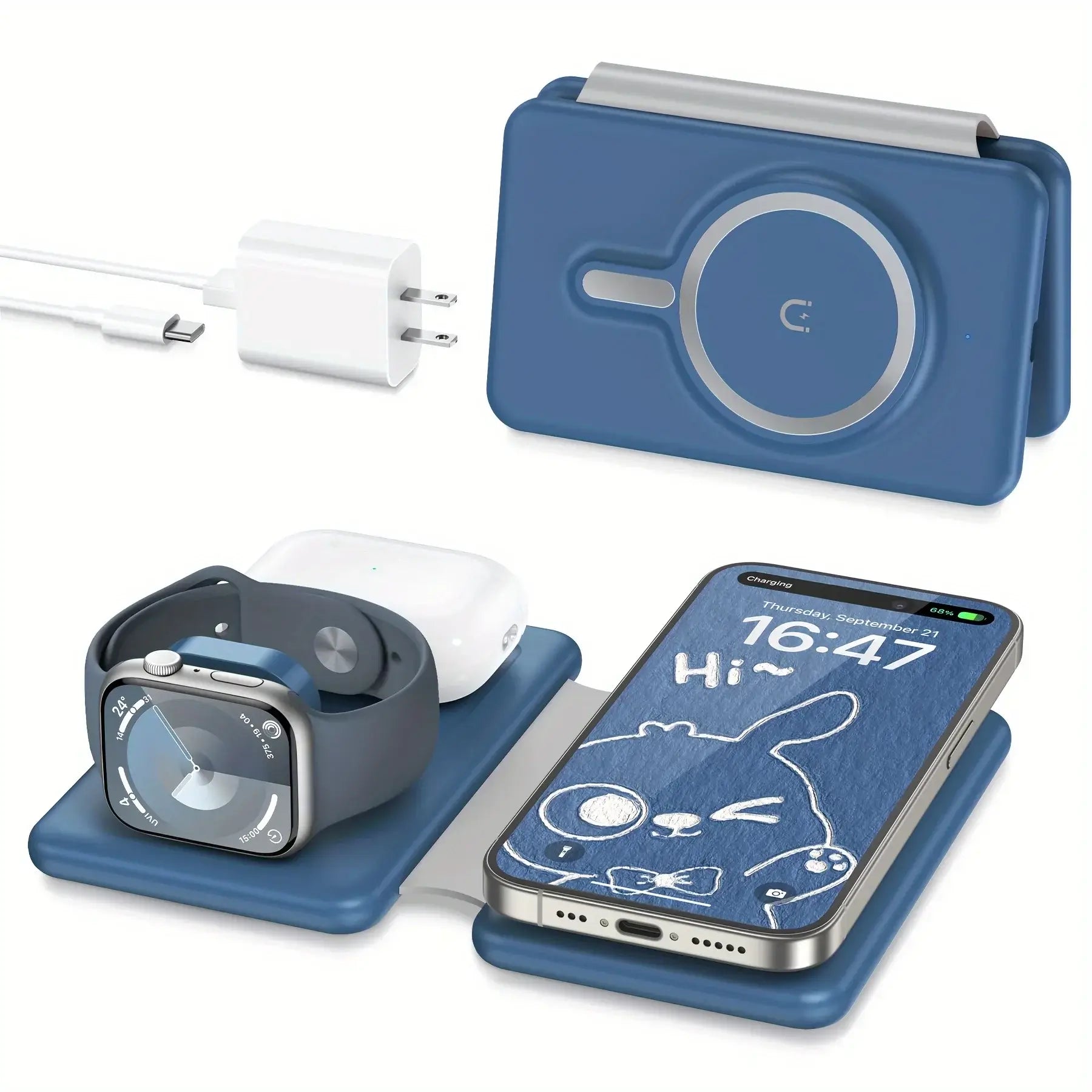 Blue 3-in-1 Cell Phone Wireless Charger with Apple MagSafe charges iPhone, Apple Watch, and AirPods, ideal for travel and home use.