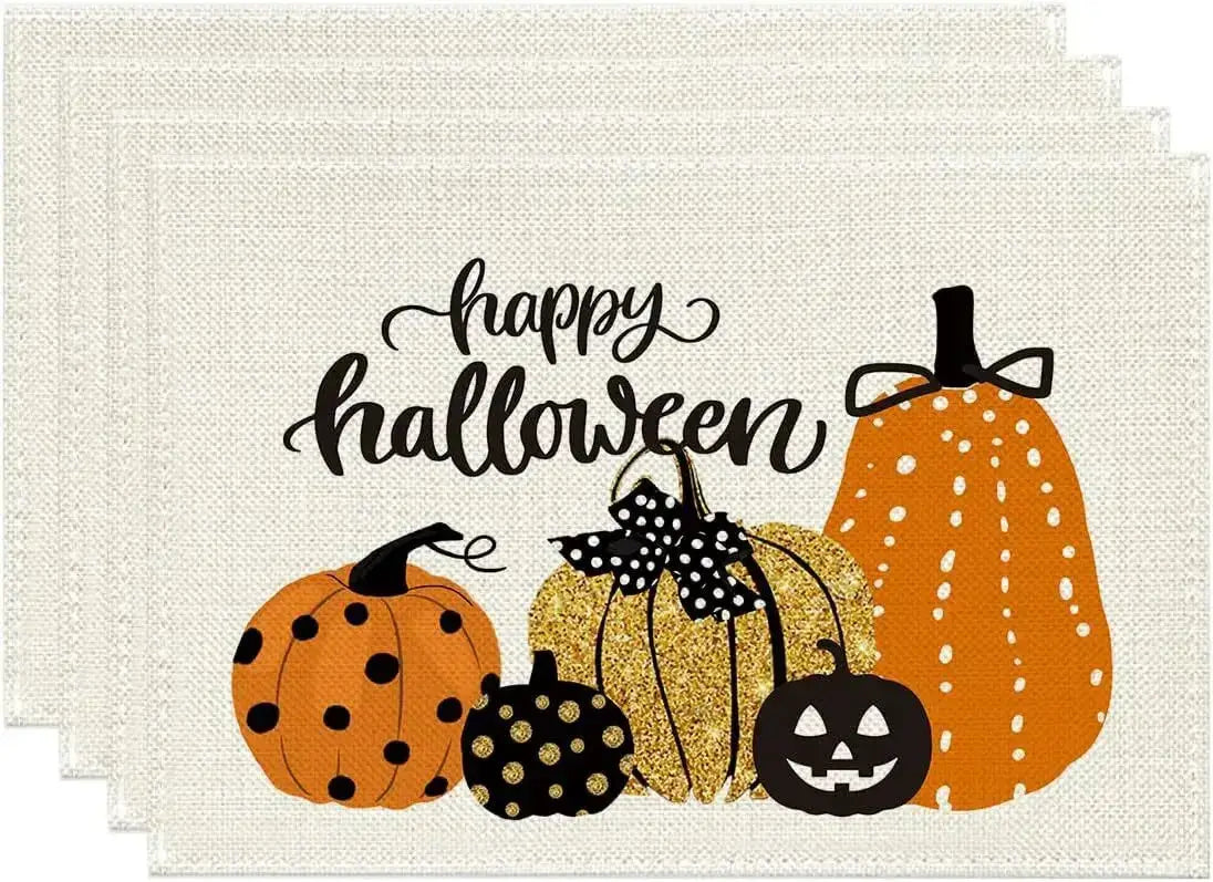 Halloween Table Placemats - Linen 4PCS with 'Happy Halloween' text and pumpkins in glittery orange and black. Festive table decor.