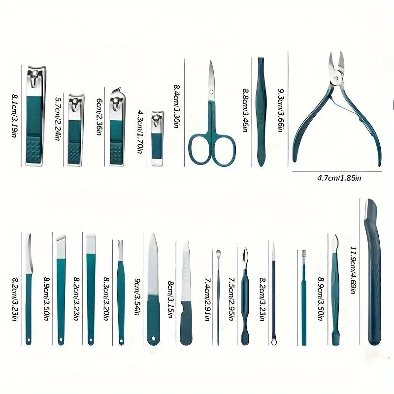 All tools from Nail Care Kit Stainless Steel - Portable Set displayed with measurements. Includes clippers, scissors, tweezers, and pushers.